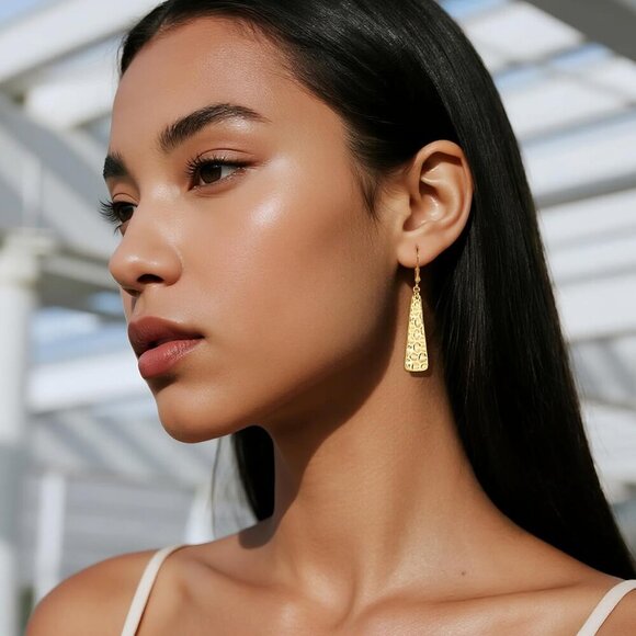 14K GoldA Plated  French Lightweight Square Bar Long Drop Leverback Earring - Picture 4 of 7